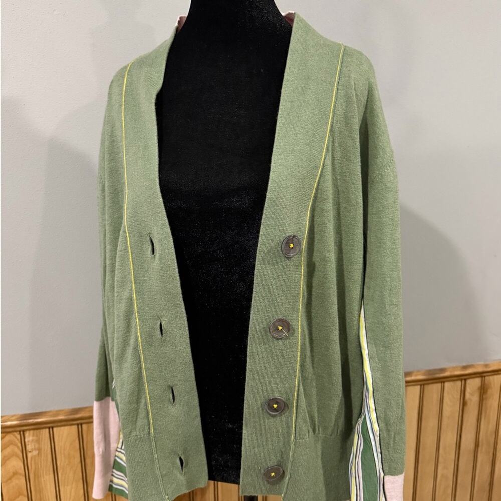 Zaket & Plover Stripe Trim Mixed Media Cardigan Green Large Cotton Silk Blend - Picture 4 of 8